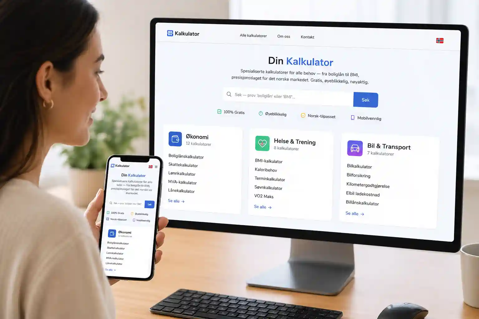 Prokalkulator-dashbord som viser økonomi, helse og bil-kalkulatorer på skrivebord og mobilskjerm