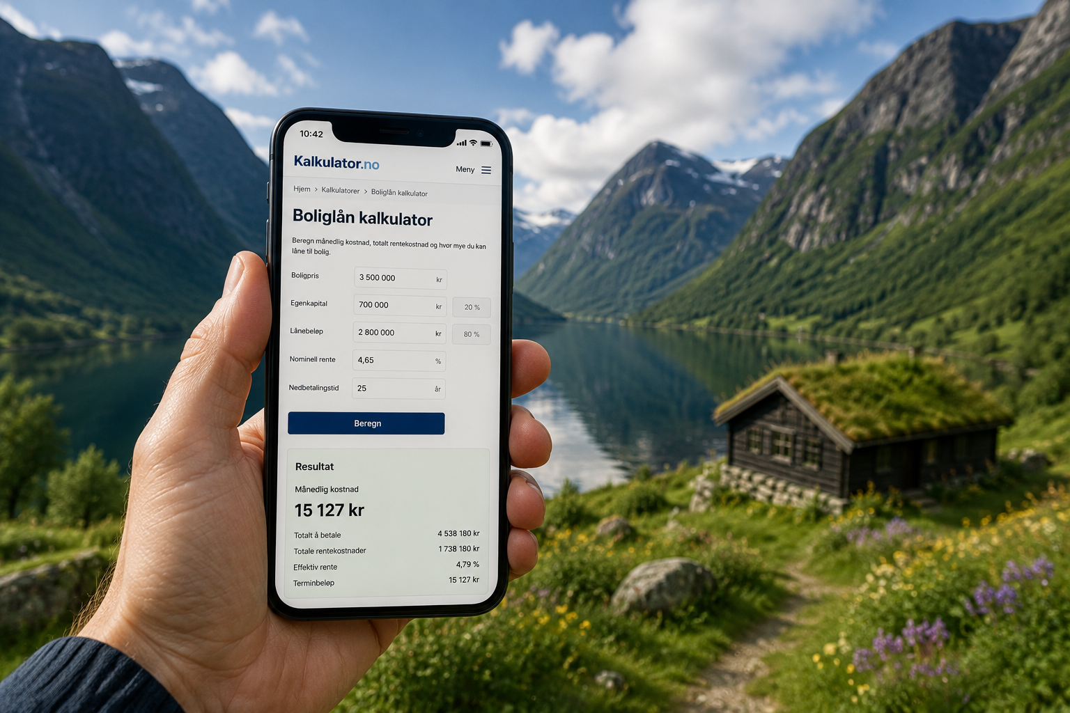Norsk natur med mobiltelefon som viser Prokalkulator i forgrunnen